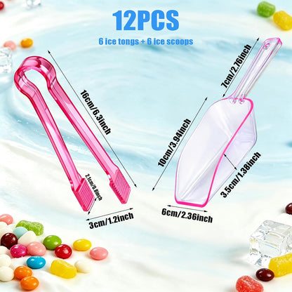 12 Pcs Plastic Ice Tongs and Scoops, Candy Scoops for Buffet, Pink