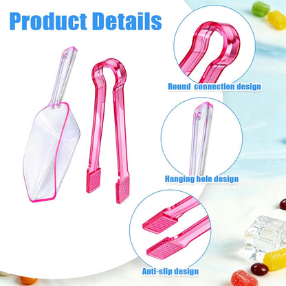 12 Pcs Plastic Ice Tongs and Scoops, Candy Scoops for Buffet, Pink