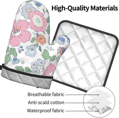 Pink Floral Oven Mitts and Pot Holder Set of 2 Watercolor Flower Heat Resistant BBQ Gloves Hot Pads for Kitchen Baking Cooking Microwave