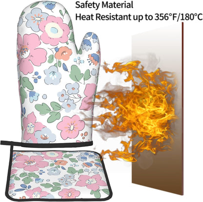 Pink Floral Oven Mitts and Pot Holder Set of 2 Watercolor Flower Heat Resistant BBQ Gloves Hot Pads for Kitchen Baking Cooking Microwave