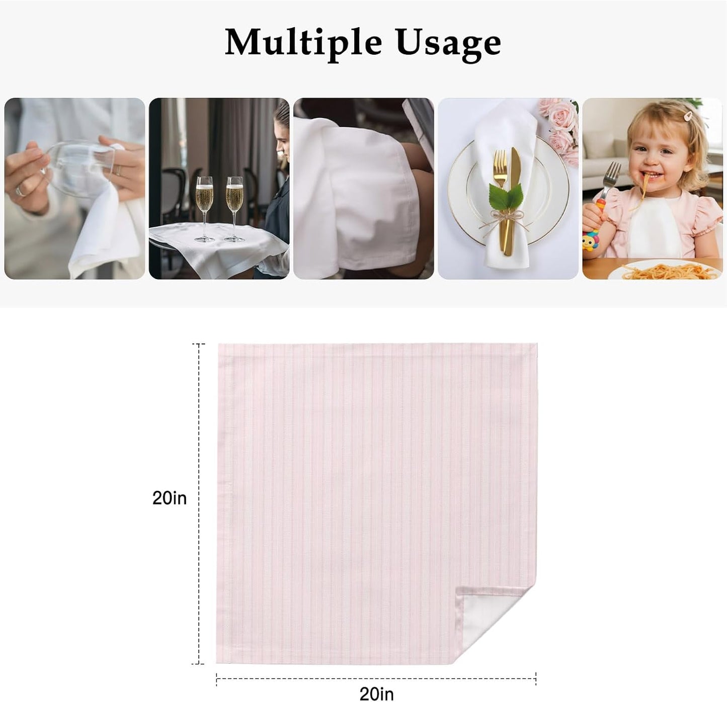 Blush Pink Line Striped Cloth Napkins Set of 4, Holiday Napkins for Baby Shower, Farmhouse Pink Stripes Washable Reusable Dinner Napkin for Cocktail Wedding Party, 20 x 20 Inch