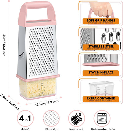 Cheese Grater With Container Box Grater Stainless Steel Kitchen Pink