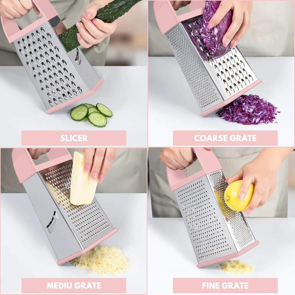 Cheese Grater With Container Box Grater Stainless Steel Kitchen Pink