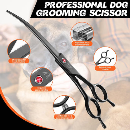 JASON 7" Dog Grooming Scissor - Professional Down-curved Shear with Ergonomic Handle Japanese Stainless Steel Hair Scissor for Dogs, Cats and Other Pets, Sharp (Down-curved, Black) Christmas Gift