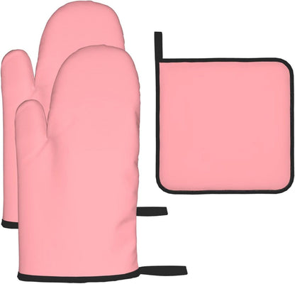3PCS Oven Mitts and Pot Holders Sets, Solid Soft Light Pink Oven Mitts Set Heat Resistant Kitchen Microwave Gloves Safe for Baking,Cooking, BBQ