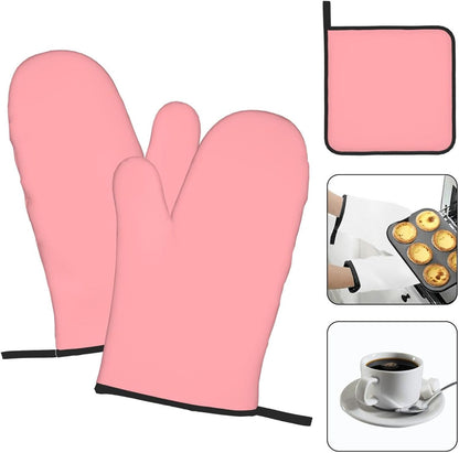 3PCS Oven Mitts and Pot Holders Sets, Solid Soft Light Pink Oven Mitts Set Heat Resistant Kitchen Microwave Gloves Safe for Baking,Cooking, BBQ