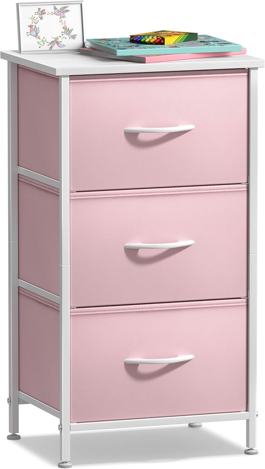 Nightstand with 3 Drawers - Bedside Furniture & Accent End Table Chest for Home, Bedroom Accessories, Office, College Dorm, Steel Frame, Wood Top, Pastel Fabric Bins (Pink)