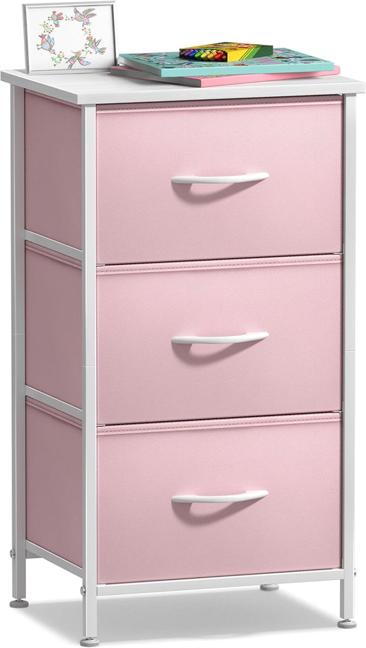 Nightstand with 3 Drawers - Bedside Furniture & Accent End Table Chest for Home, Bedroom Accessories, Office, College Dorm, Steel Frame, Wood Top, Pastel Fabric Bins (Pink)