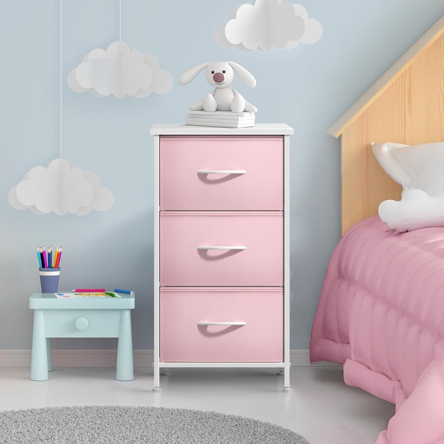 Nightstand with 3 Drawers - Bedside Furniture & Accent End Table Chest for Home, Bedroom Accessories, Office, College Dorm, Steel Frame, Wood Top, Pastel Fabric Bins (Pink)
