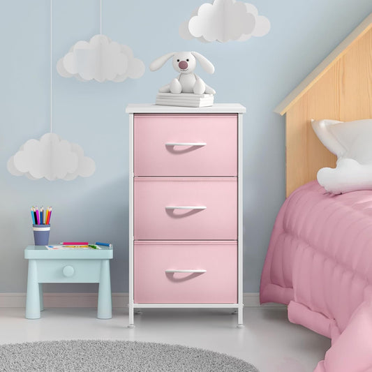 Nightstand with 3 Drawers - Bedside Furniture & Accent End Table Chest for Home, Bedroom Accessories, Office, College Dorm, Steel Frame, Wood Top, Pastel Fabric Bins (Pink)