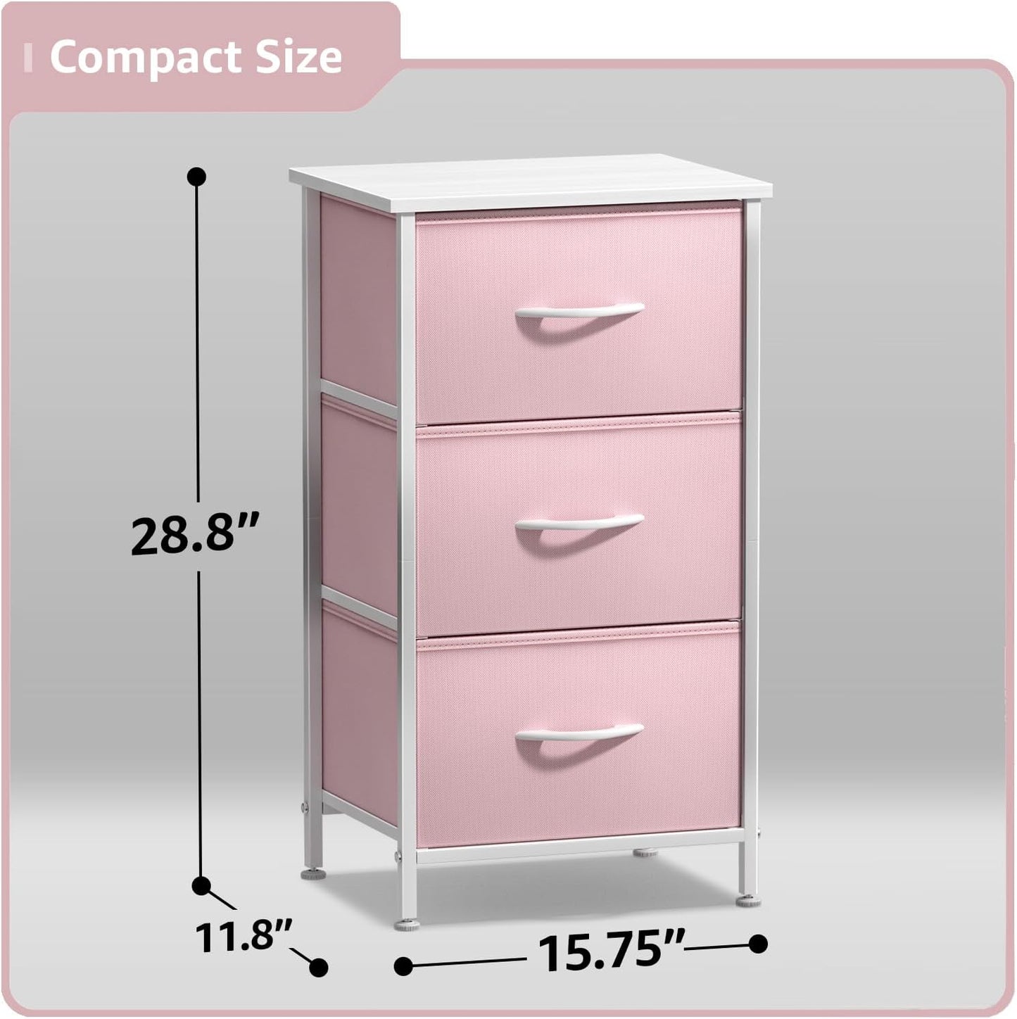 Nightstand with 3 Drawers - Bedside Furniture & Accent End Table Chest for Home, Bedroom Accessories, Office, College Dorm, Steel Frame, Wood Top, Pastel Fabric Bins (Pink)