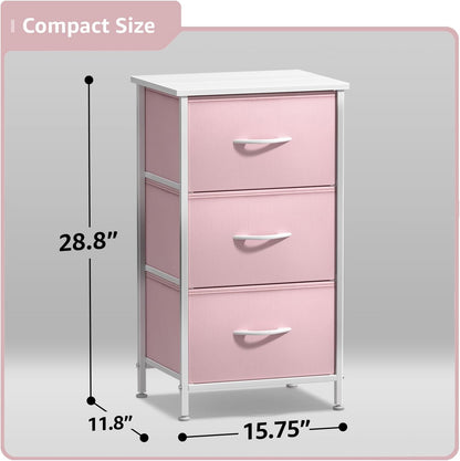 Nightstand with 3 Drawers - Bedside Furniture & Accent End Table Chest for Home, Bedroom Accessories, Office, College Dorm, Steel Frame, Wood Top, Pastel Fabric Bins (Pink)