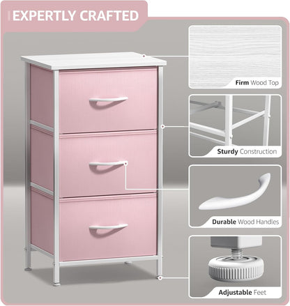 Nightstand with 3 Drawers - Bedside Furniture & Accent End Table Chest for Home, Bedroom Accessories, Office, College Dorm, Steel Frame, Wood Top, Pastel Fabric Bins (Pink)