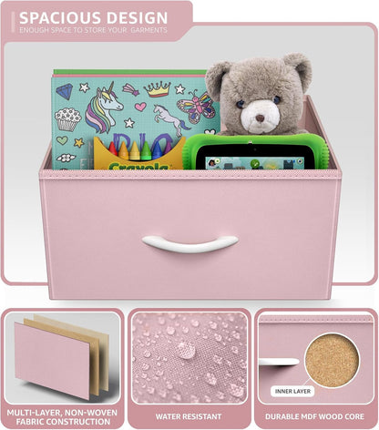 Nightstand with 3 Drawers - Bedside Furniture & Accent End Table Chest for Home, Bedroom Accessories, Office, College Dorm, Steel Frame, Wood Top, Pastel Fabric Bins (Pink)