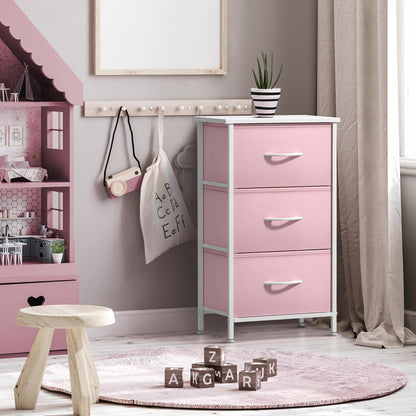 Nightstand with 3 Drawers - Bedside Furniture & Accent End Table Chest for Home, Bedroom Accessories, Office, College Dorm, Steel Frame, Wood Top, Pastel Fabric Bins (Pink)