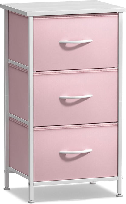 Nightstand with 3 Drawers - Bedside Furniture & Accent End Table Chest for Home, Bedroom Accessories, Office, College Dorm, Steel Frame, Wood Top, Pastel Fabric Bins (Pink)