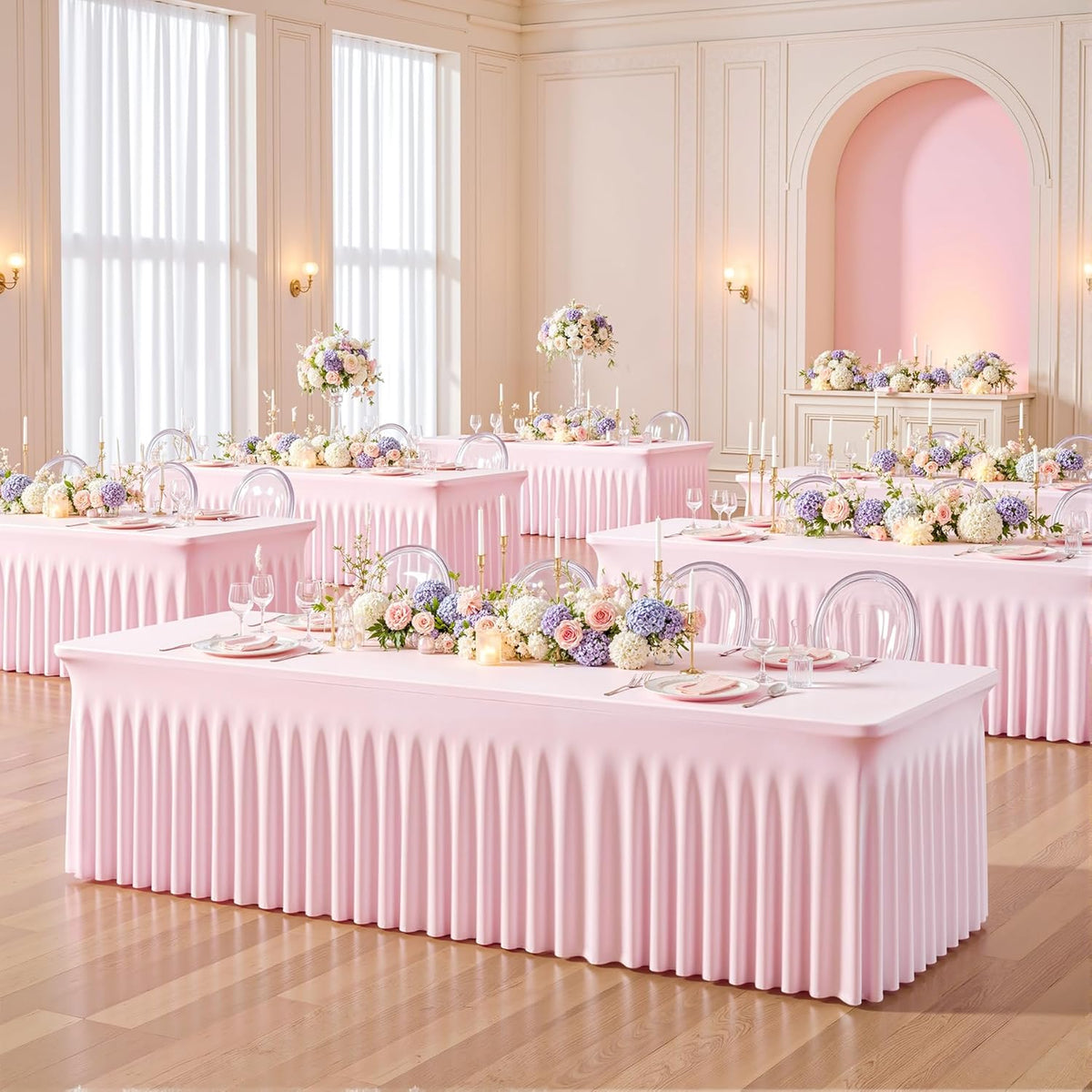 6ft Pink Spandex Tablecloths for Rectangle Tables Wrinkle Free Pink Table Cloth Rectangle Stretch Fitted Table Cover with Skirt for Baby Shower Girl Birthday Party Wedding Banquet Buffet Event