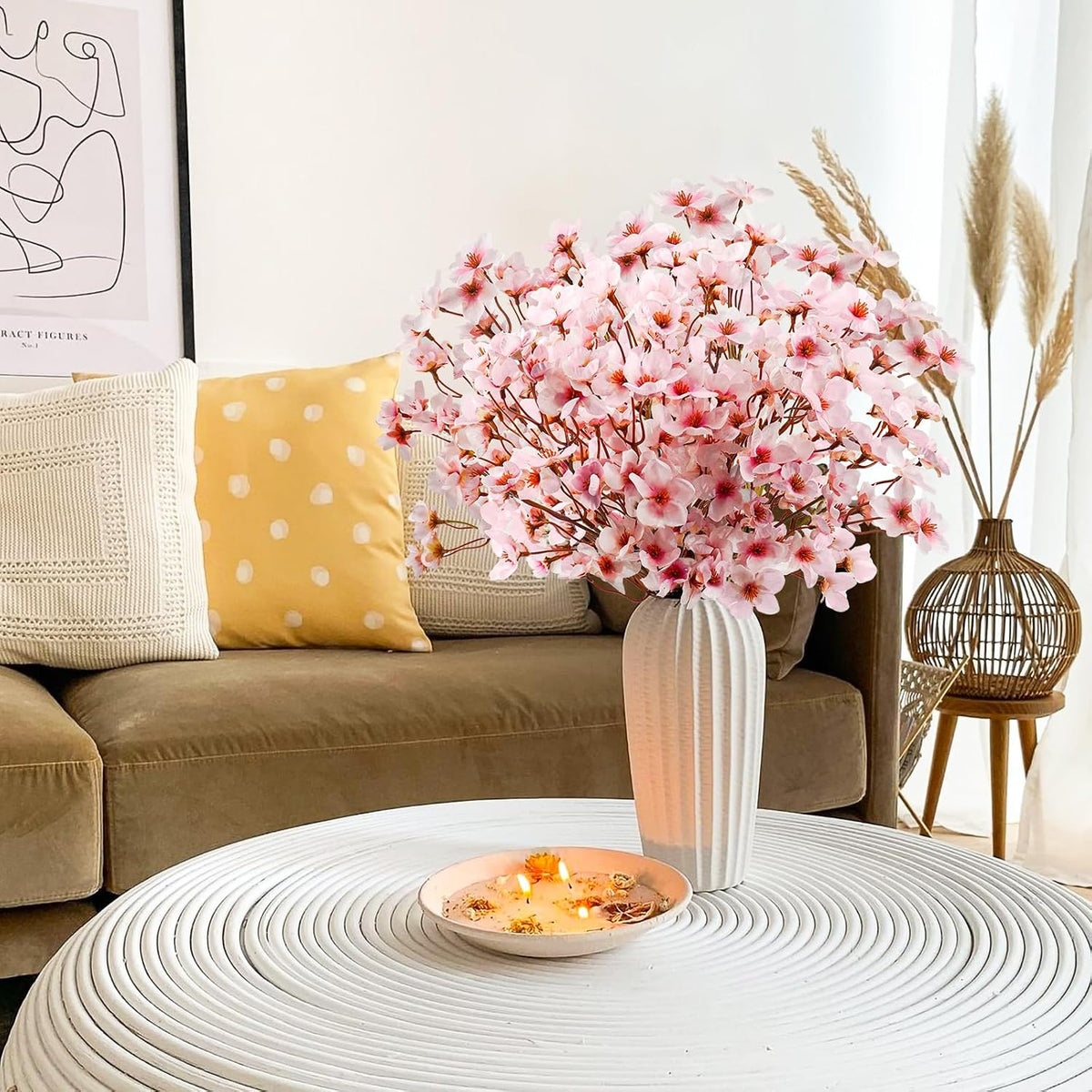obbsie 24Pcs Artificial Cherry Blossom Flower, Faux Silk Peach Blossom Branches Fake Plum Blossom Flowers Stems Arrangements for DIY Home Wedding Table Centerpieces Vase Decor