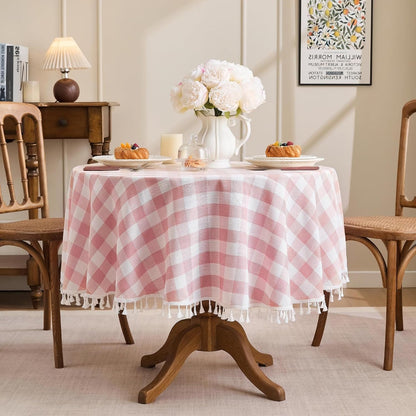 Gingham Round 60" Tablecloth Rectangle Cotton Linen Fabric Checkered Table Cloth with Tassel Washable Wrinkle Free Buffalo Plaid Table Cover for Birthday Party Picnic Outdoor, Pink
