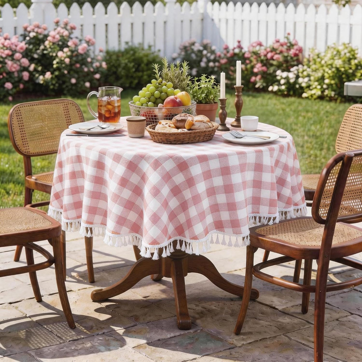 Gingham Round 60" Tablecloth Rectangle Cotton Linen Fabric Checkered Table Cloth with Tassel Washable Wrinkle Free Buffalo Plaid Table Cover for Birthday Party Picnic Outdoor, Pink