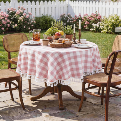 Gingham Round 60" Tablecloth Rectangle Cotton Linen Fabric Checkered Table Cloth with Tassel Washable Wrinkle Free Buffalo Plaid Table Cover for Birthday Party Picnic Outdoor, Pink