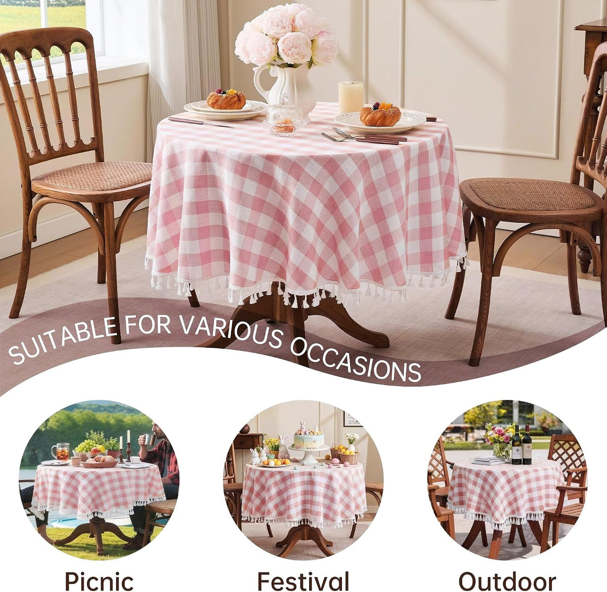 Gingham Round 60" Tablecloth Rectangle Cotton Linen Fabric Checkered Table Cloth with Tassel Washable Wrinkle Free Buffalo Plaid Table Cover for Birthday Party Picnic Outdoor, Pink