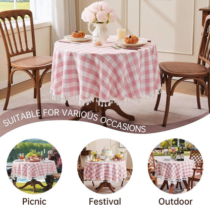 Gingham Round 60" Tablecloth Rectangle Cotton Linen Fabric Checkered Table Cloth with Tassel Washable Wrinkle Free Buffalo Plaid Table Cover for Birthday Party Picnic Outdoor, Pink