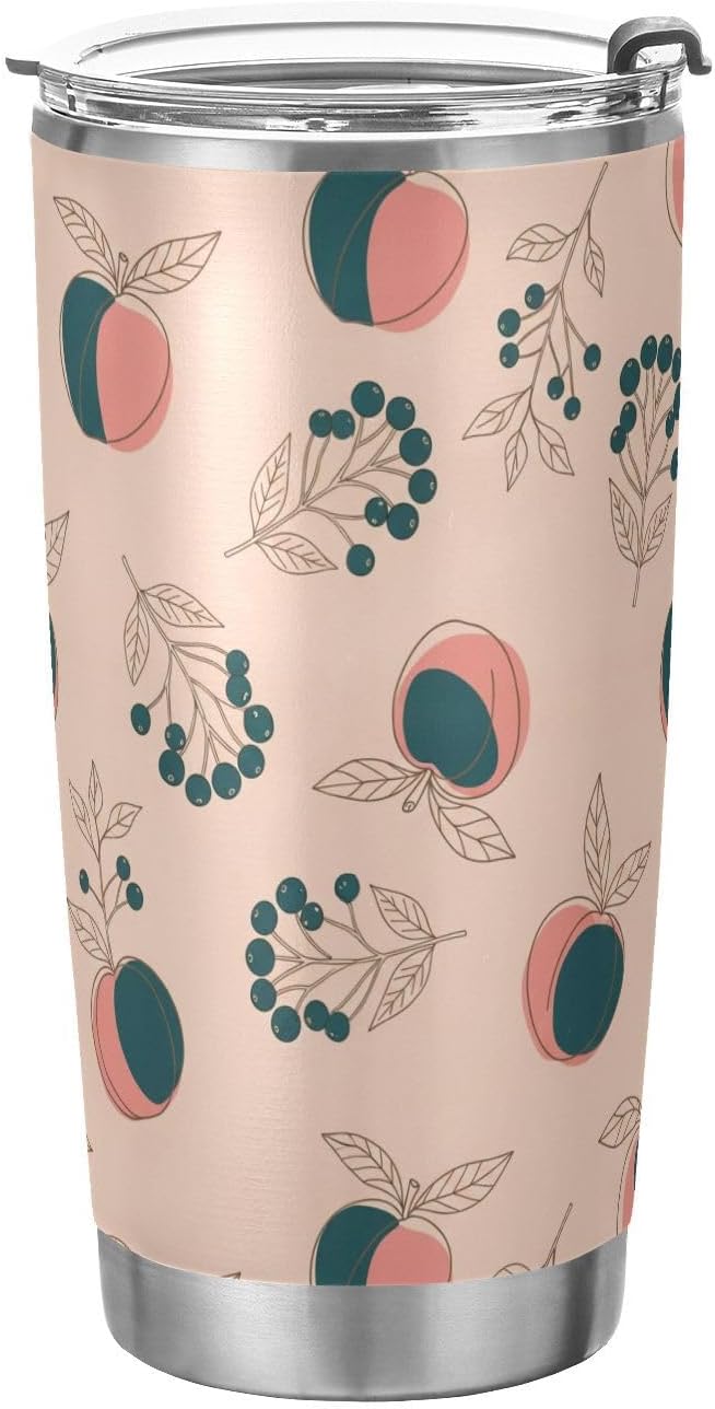 Tumbler with Lid and Straw Fruit Peaches Berries Beige Pattern Travel Coffee Cup Mug Insulated Tumblers Reusable Drinking Mugs Cups Water Bottles Stainless Steel Mug Tea Cup 20oz
