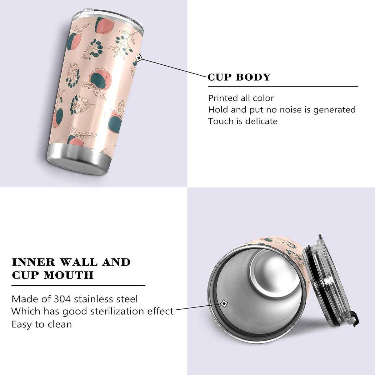 Tumbler with Lid and Straw Fruit Peaches Berries Beige Pattern Travel Coffee Cup Mug Insulated Tumblers Reusable Drinking Mugs Cups Water Bottles Stainless Steel Mug Tea Cup 20oz