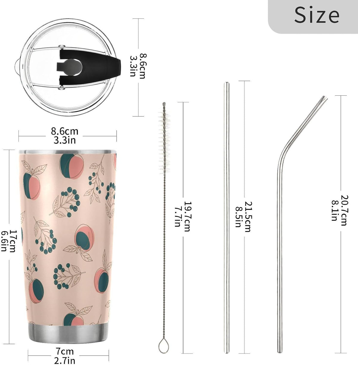 Tumbler with Lid and Straw Fruit Peaches Berries Beige Pattern Travel Coffee Cup Mug Insulated Tumblers Reusable Drinking Mugs Cups Water Bottles Stainless Steel Mug Tea Cup 20oz