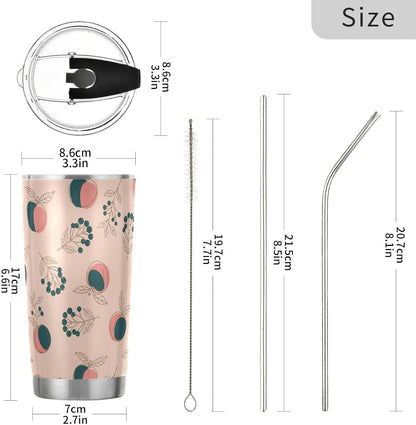 Tumbler with Lid and Straw Fruit Peaches Berries Beige Pattern Travel Coffee Cup Mug Insulated Tumblers Reusable Drinking Mugs Cups Water Bottles Stainless Steel Mug Tea Cup 20oz
