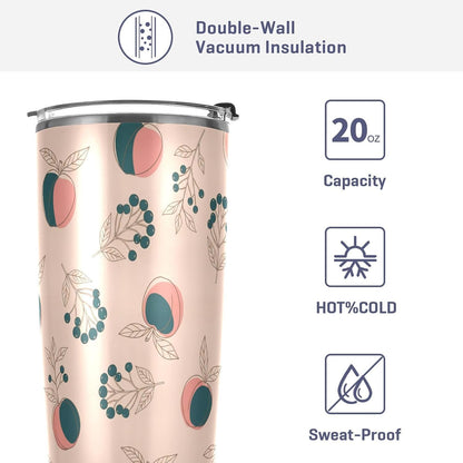 Tumbler with Lid and Straw Fruit Peaches Berries Beige Pattern Travel Coffee Cup Mug Insulated Tumblers Reusable Drinking Mugs Cups Water Bottles Stainless Steel Mug Tea Cup 20oz