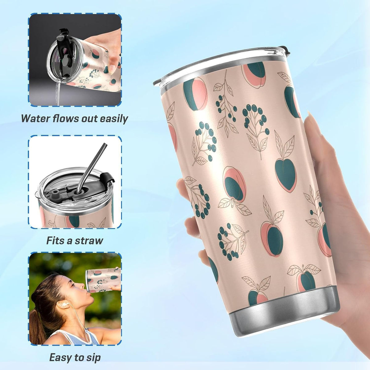 Tumbler with Lid and Straw Fruit Peaches Berries Beige Pattern Travel Coffee Cup Mug Insulated Tumblers Reusable Drinking Mugs Cups Water Bottles Stainless Steel Mug Tea Cup 20oz