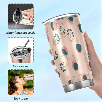 Tumbler with Lid and Straw Fruit Peaches Berries Beige Pattern Travel Coffee Cup Mug Insulated Tumblers Reusable Drinking Mugs Cups Water Bottles Stainless Steel Mug Tea Cup 20oz