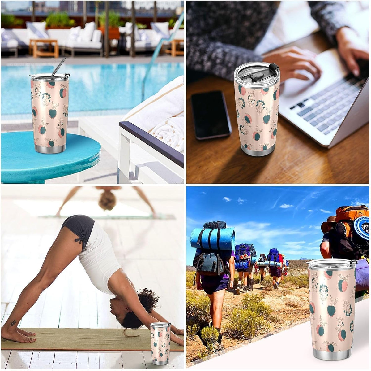 Tumbler with Lid and Straw Fruit Peaches Berries Beige Pattern Travel Coffee Cup Mug Insulated Tumblers Reusable Drinking Mugs Cups Water Bottles Stainless Steel Mug Tea Cup 20oz