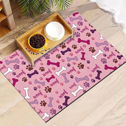 Dog Feeding Mat 24 x 16 Inch, Pink Paw Bone Woof Dog Placemat Absorbent Quick-Dry for Food and Water, Waterproof Non Slip Rubber Pet Bowl Pad Mat for Floors