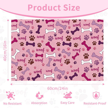 Dog Feeding Mat 24 x 16 Inch, Pink Paw Bone Woof Dog Placemat Absorbent Quick-Dry for Food and Water, Waterproof Non Slip Rubber Pet Bowl Pad Mat for Floors