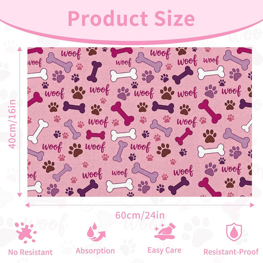 Dog Feeding Mat 24 x 16 Inch, Pink Paw Bone Woof Dog Placemat Absorbent Quick-Dry for Food and Water, Waterproof Non Slip Rubber Pet Bowl Pad Mat for Floors