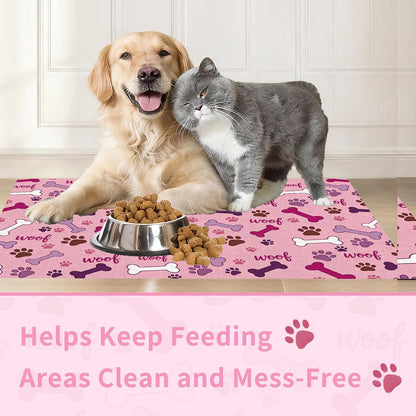 Dog Feeding Mat 24 x 16 Inch, Pink Paw Bone Woof Dog Placemat Absorbent Quick-Dry for Food and Water, Waterproof Non Slip Rubber Pet Bowl Pad Mat for Floors