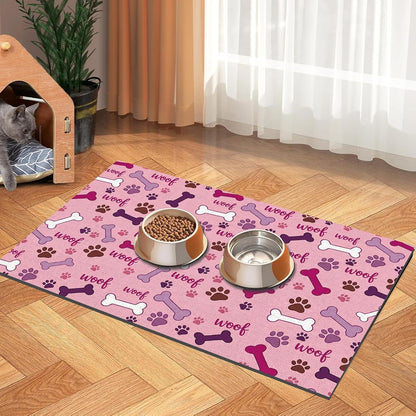 Dog Feeding Mat 24 x 16 Inch, Pink Paw Bone Woof Dog Placemat Absorbent Quick-Dry for Food and Water, Waterproof Non Slip Rubber Pet Bowl Pad Mat for Floors