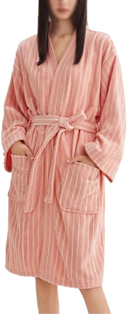 Cotton Terry Stripe Bathrobe For Women And Men,Luxury Kimono Soft Terry Cloth Robe,Comfortable Loungewear Nightwear