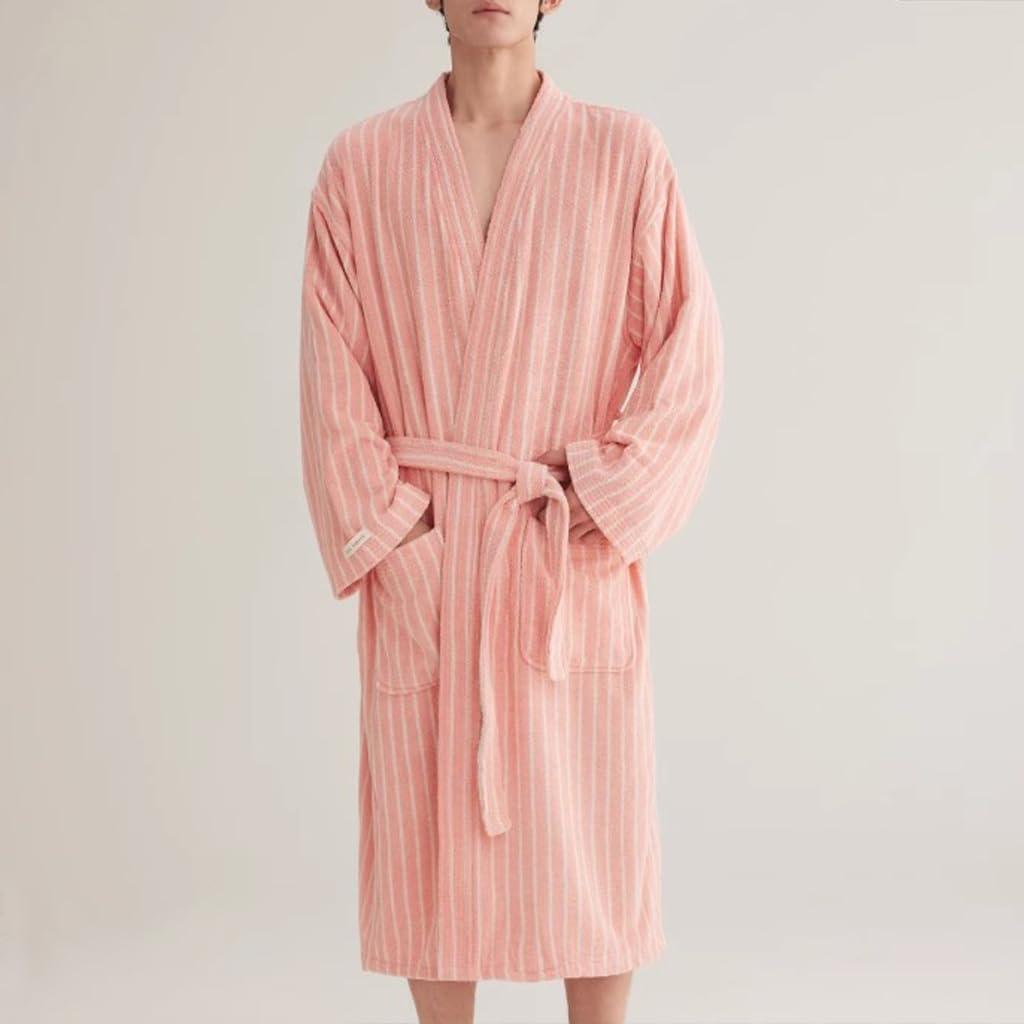 Cotton Terry Stripe Bathrobe For Women And Men,Luxury Kimono Soft Terry Cloth Robe,Comfortable Loungewear Nightwear