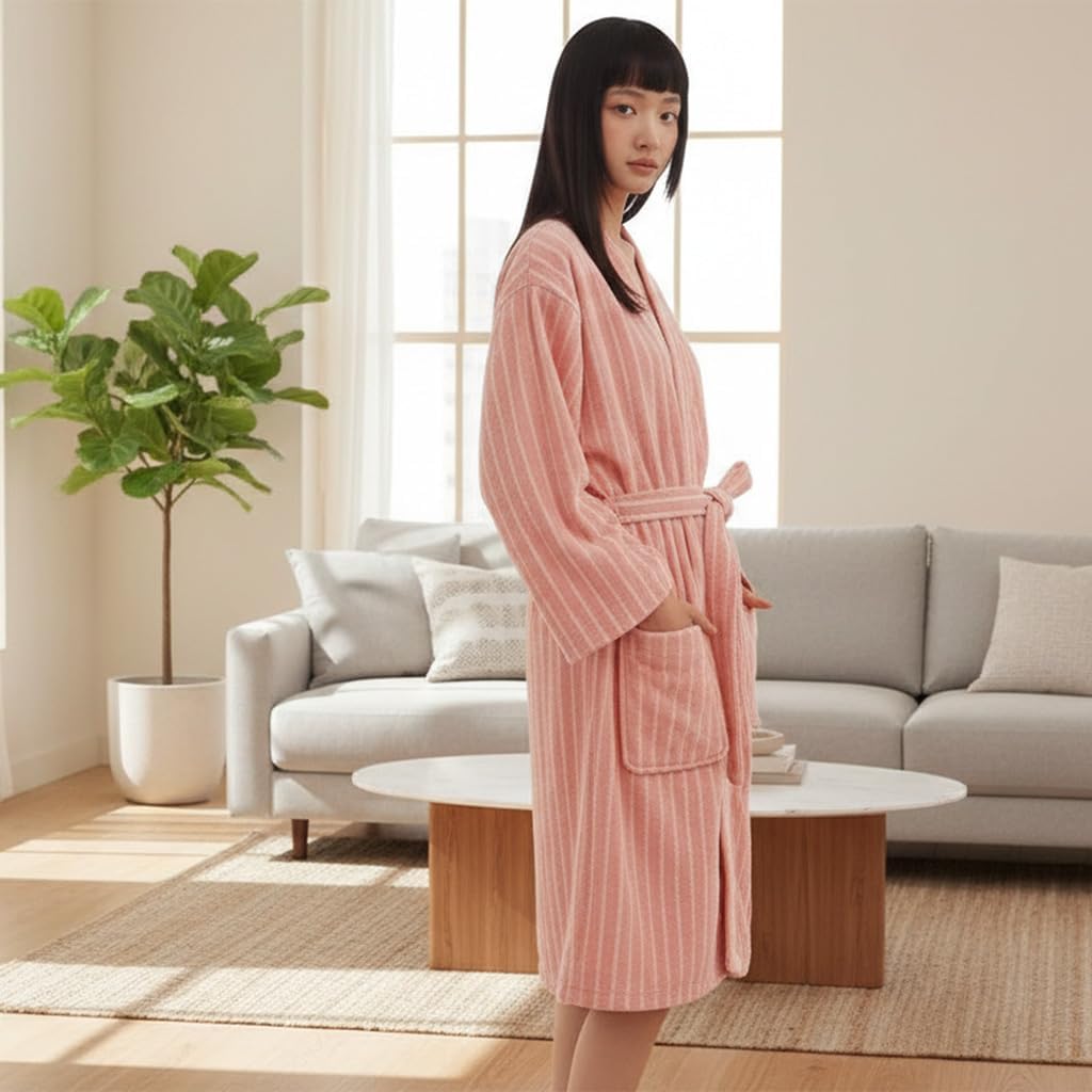 Cotton Terry Stripe Bathrobe For Women And Men,Luxury Kimono Soft Terry Cloth Robe,Comfortable Loungewear Nightwear