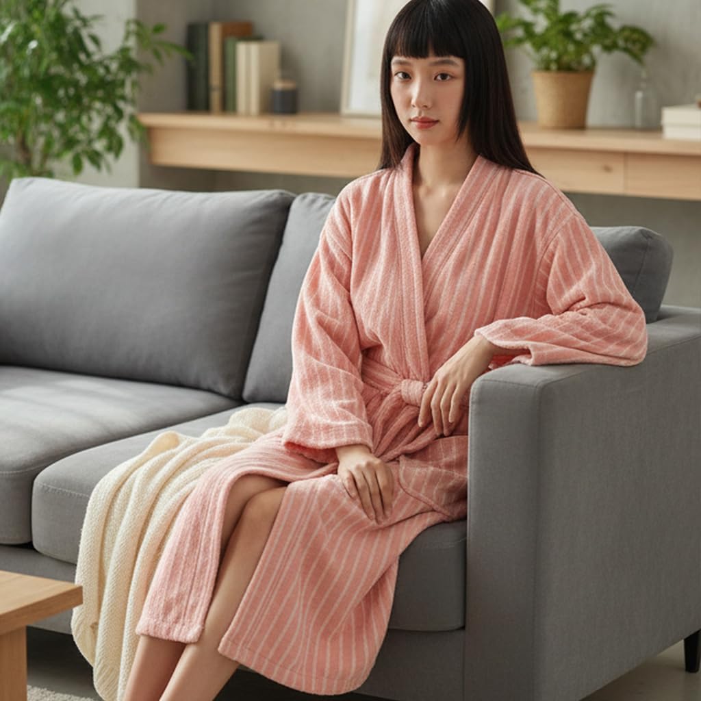 Cotton Terry Stripe Bathrobe For Women And Men,Luxury Kimono Soft Terry Cloth Robe,Comfortable Loungewear Nightwear