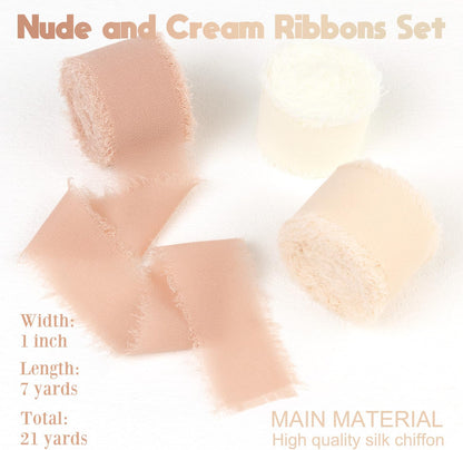 Chiffon Silk Ribbon 1 Inch x 21Yds Handmade Fringe Chiffon Silk Ribbon Peach Powder/Nude/Cream Frayed Chiffon Ribbon for Wedding Invitation Flower Bouquets Bridal Shower Gift Wrapping