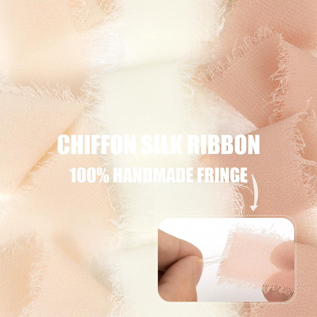 Chiffon Silk Ribbon 1 Inch x 21Yds Handmade Fringe Chiffon Silk Ribbon Peach Powder/Nude/Cream Frayed Chiffon Ribbon for Wedding Invitation Flower Bouquets Bridal Shower Gift Wrapping
