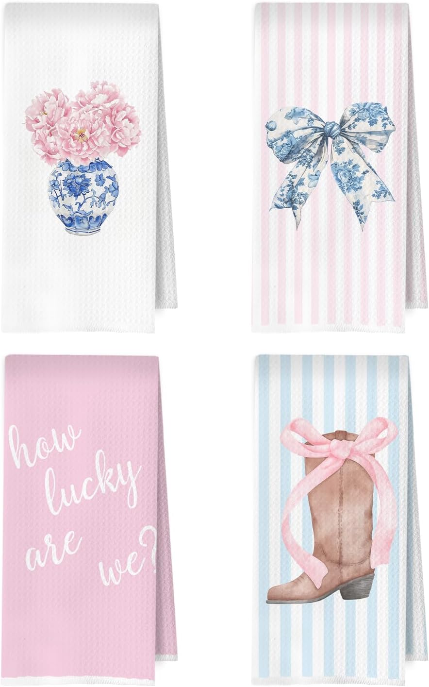 Chinoiserie Western Kitchen Towels Set - Preppy Coquette Cowgirl Waffle Decorative Dish Towels, Coquette Bow Cowgirl Boots Hand Towel, Pink Hydrangea Tea Towel, 16x24 Inches Set of 4