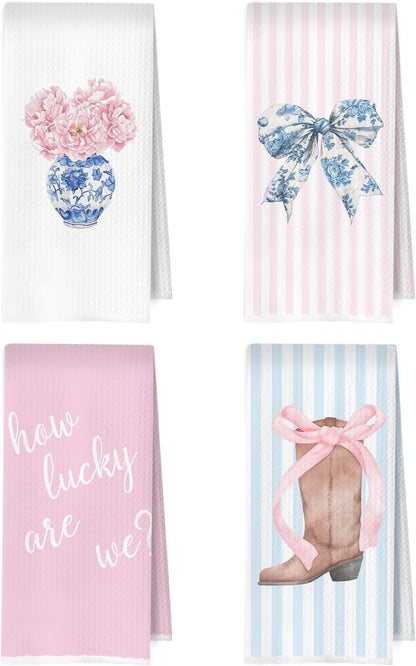 Chinoiserie Western Kitchen Towels Set - Preppy Coquette Cowgirl Waffle Decorative Dish Towels, Coquette Bow Cowgirl Boots Hand Towel, Pink Hydrangea Tea Towel, 16x24 Inches Set of 4