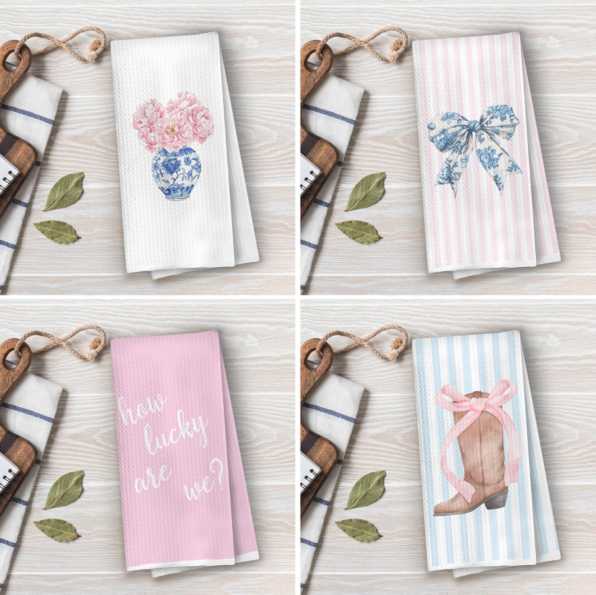 Chinoiserie Western Kitchen Towels Set - Preppy Coquette Cowgirl Waffle Decorative Dish Towels, Coquette Bow Cowgirl Boots Hand Towel, Pink Hydrangea Tea Towel, 16x24 Inches Set of 4