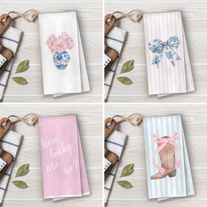 Chinoiserie Western Kitchen Towels Set - Preppy Coquette Cowgirl Waffle Decorative Dish Towels, Coquette Bow Cowgirl Boots Hand Towel, Pink Hydrangea Tea Towel, 16x24 Inches Set of 4